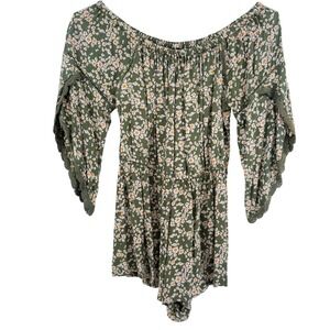 Angie Off Shoulder Romper Green Daisy Print Crochet Lace Bell Sleeve Large